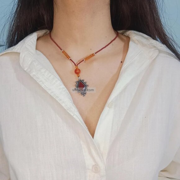 Beaded Chain Pendant Necklace, Ethnic Tribal Light Weight Necklace, Beaded Chain - Picture 10 of 10